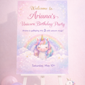 unicorn birthday welcome sign – personalized unicorn party decor printable | birthday welcome sign printable | birthday sign template | unicorn party welcome sign | girls birthday unicorn welcome template | kids birthday welcome sign