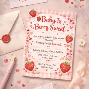 Party Printables berry sweet valentine baby shower invitation | strawberry gingham girl baby shower invite | valentines baby shower invite | valentines baby shower invitations | baby shower invites for girl | valentines themed baby shower invite | girl baby shower invite |
